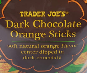 Trader Joe's dark chocolate orange sticks ingredients-label closeup for transparency