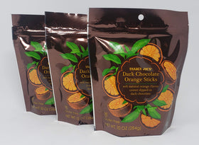 Trader Joe's dark chocolate orange sticks wrap-closeup highlighting shareable 3-pack