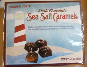 Trader Joe's dark chocolate sea salt caramels box front, ideal for gifting.