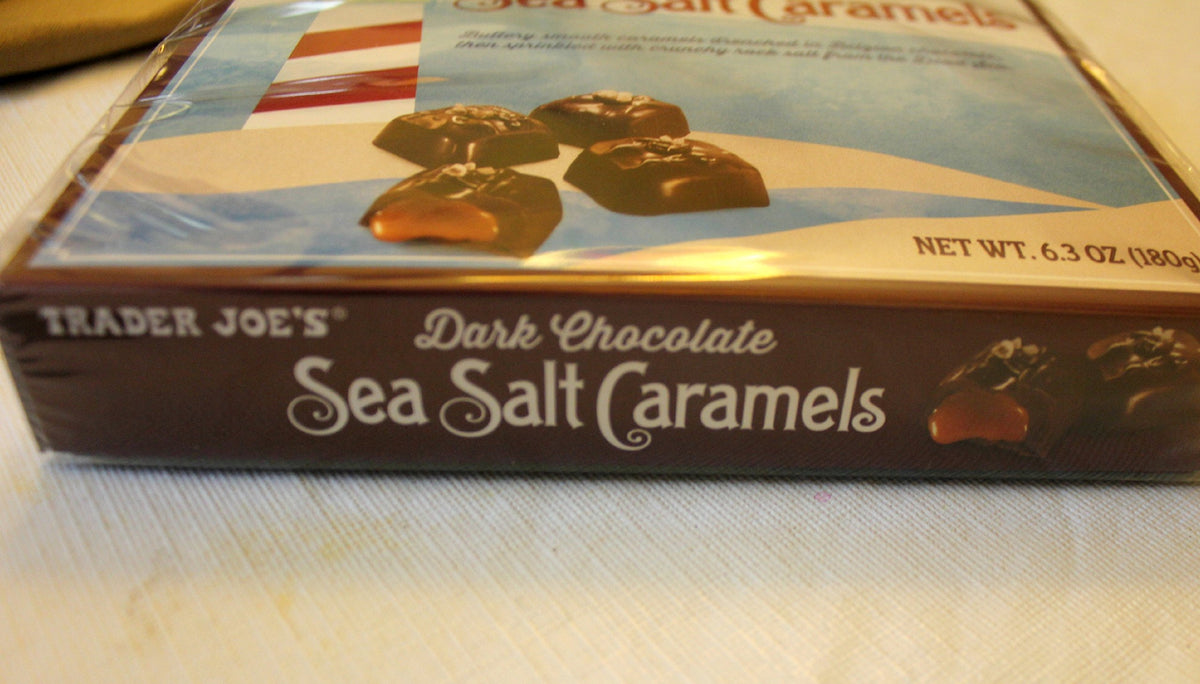 Trader Joe's dark chocolate sea salt caramels close-up shows Belgian chocolate detail.