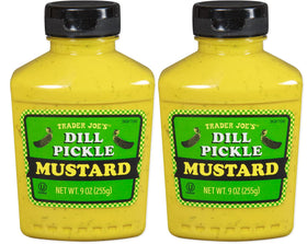 Trader Joe's Dill Pickle Mustard two-pack bottles on shelf, ready to add tangy flavor.