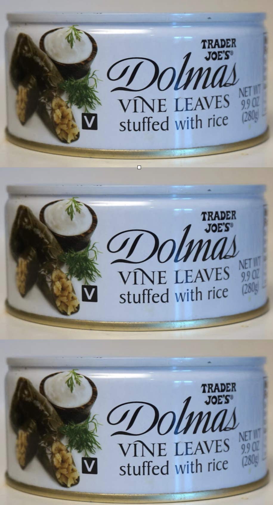 Trader Joe's dolmas in vine leaves, rice filling, ready-to-serve vegetarian appetizer, convenient 3-pack.