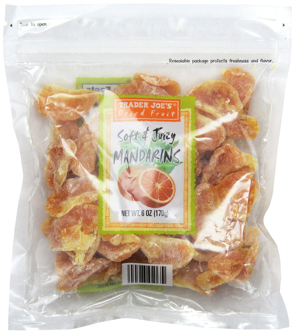 Trader Joe's Dried Fruit Soft and Juicy Mandarins three-pack, chewy citrus bites for snacking.