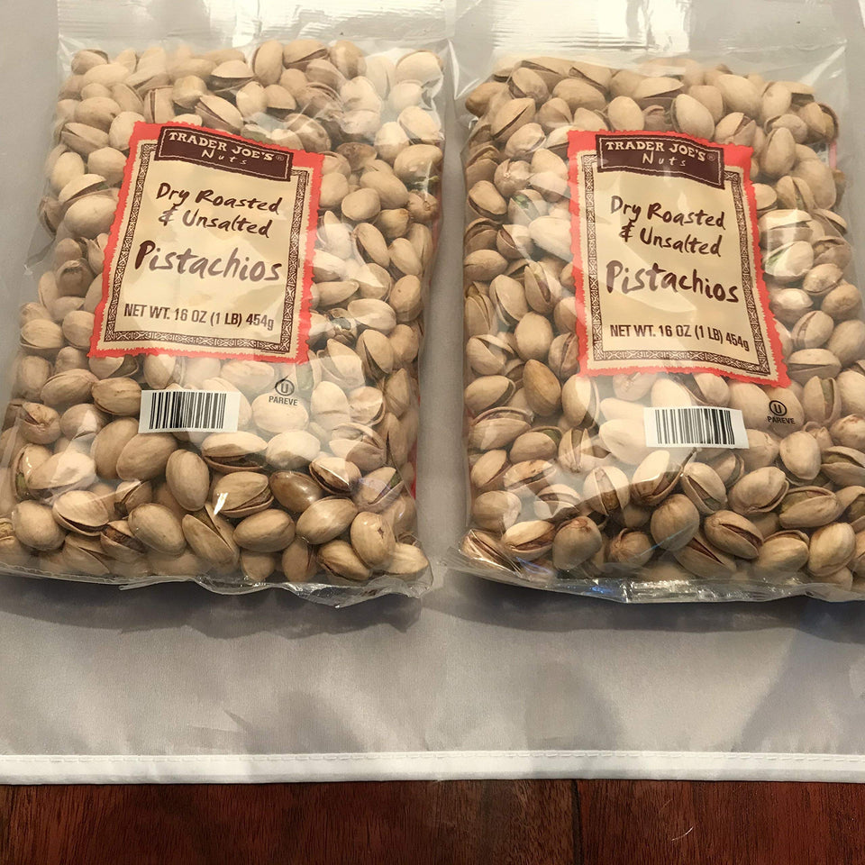Trader Joe's Dry Roasted and Unsalted Pistachios close-up view, a protein-rich snack for busy days.