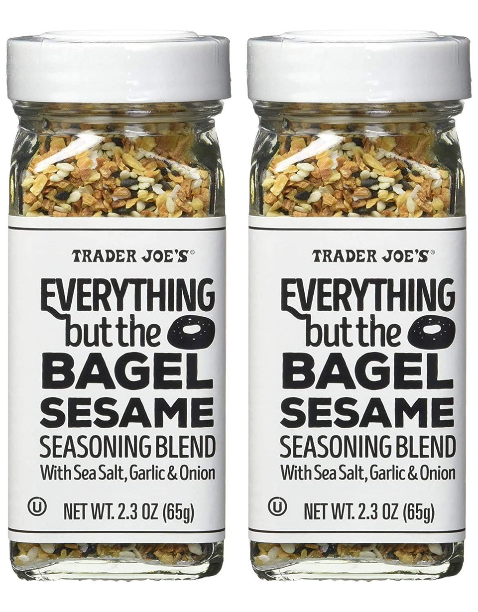 Trader Joe's Everything but the Bagel Sesame Seasoning bottle close-up with sesame seeds.