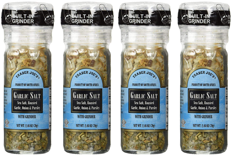 Trader Joe's Garlic Salt with Grinder 4-pack front view for easy seasoning