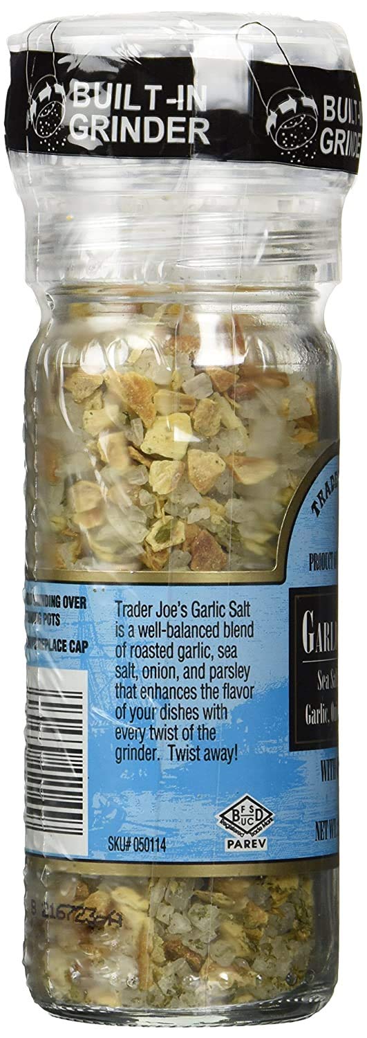 Trader Joe's Garlic Salt with Grinder jar closeup showing coarse garlic-salt crystals