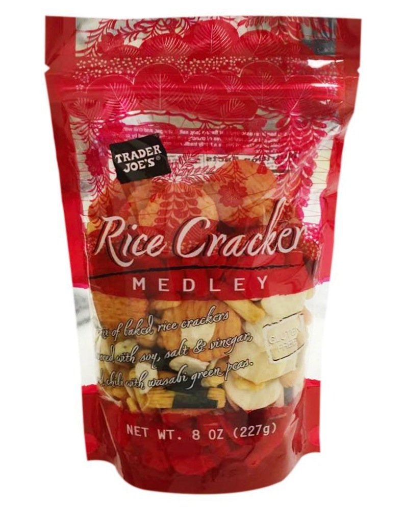 Trader Joe's Gluten Free Baked Rice Cracker Medley packaging shows five snack bags for sharing.