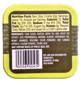 Trader Joe's Green Tea Infused Mints close-up showing a crisp mint flavor.