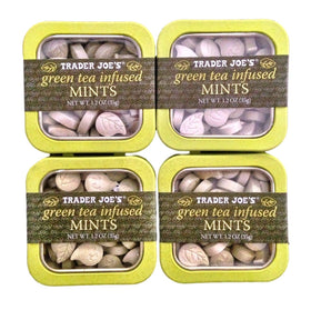 Trader Joe's Green Tea Infused Mints pack display for on-the-go freshness.