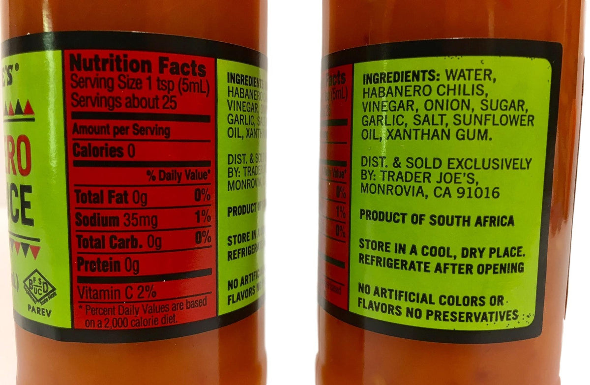 Trader Joe's Habanero Hot Sauce pack 2, bottle back, vibrant flavor for grilled meats and dips.