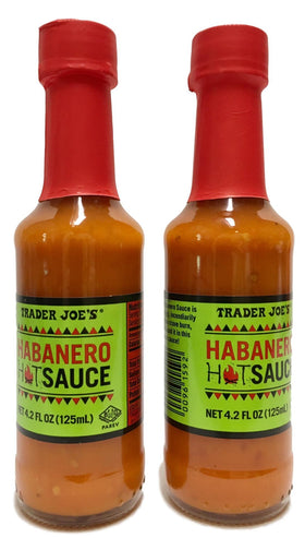 Trader Joe's Habanero Hot Sauce pack 2, bottle front, adds bold heat to tacos and eggs.