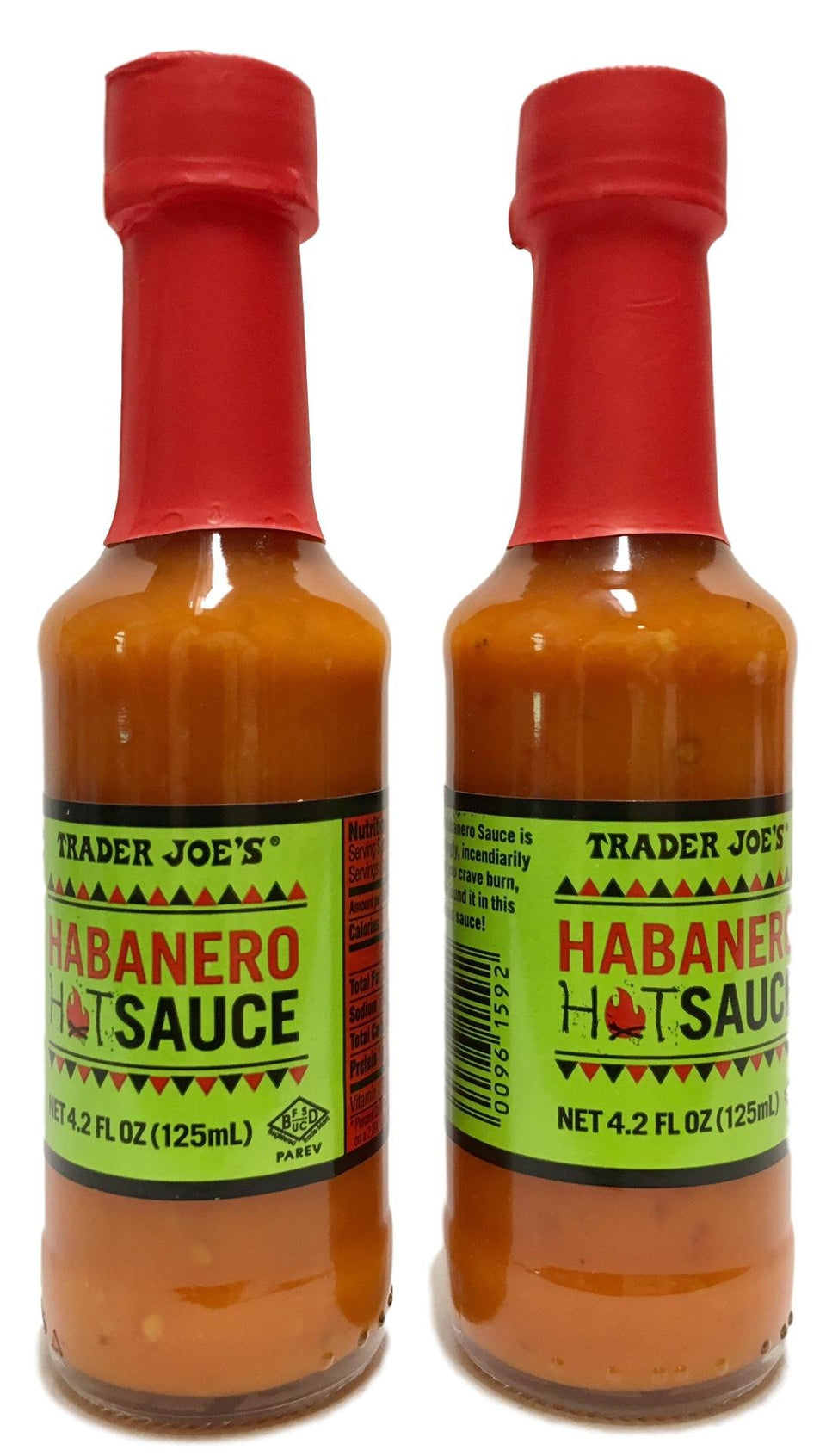 Trader Joe's Habanero Hot Sauce pack 2, bottle front, adds bold heat to tacos and eggs.