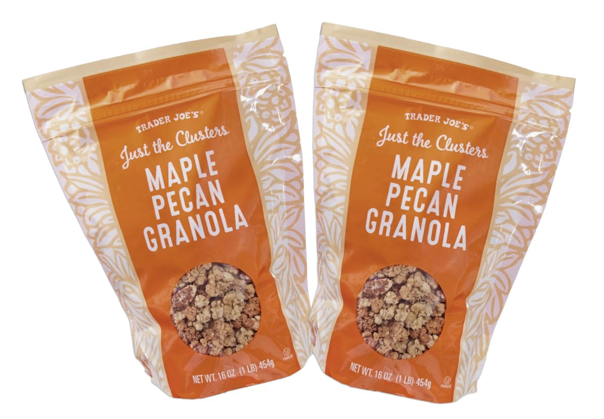 Trader Joe's Just the Clusters Maple Pecan Granola bowl showcases crunchy clusters for quick mornings.