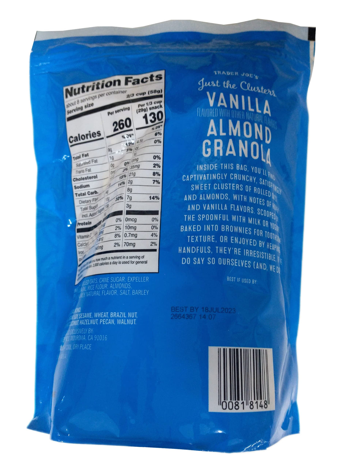 Trader Joe's Just the Clusters Vanilla Almond Granola pack shown for convenient on-the-go snacking