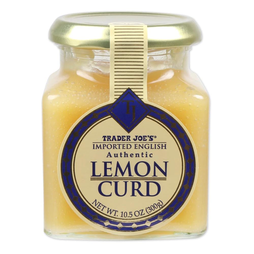 Trader Joe's Lemon Curd jar, front view; silky texture and bright lemon flavor for desserts and spreads