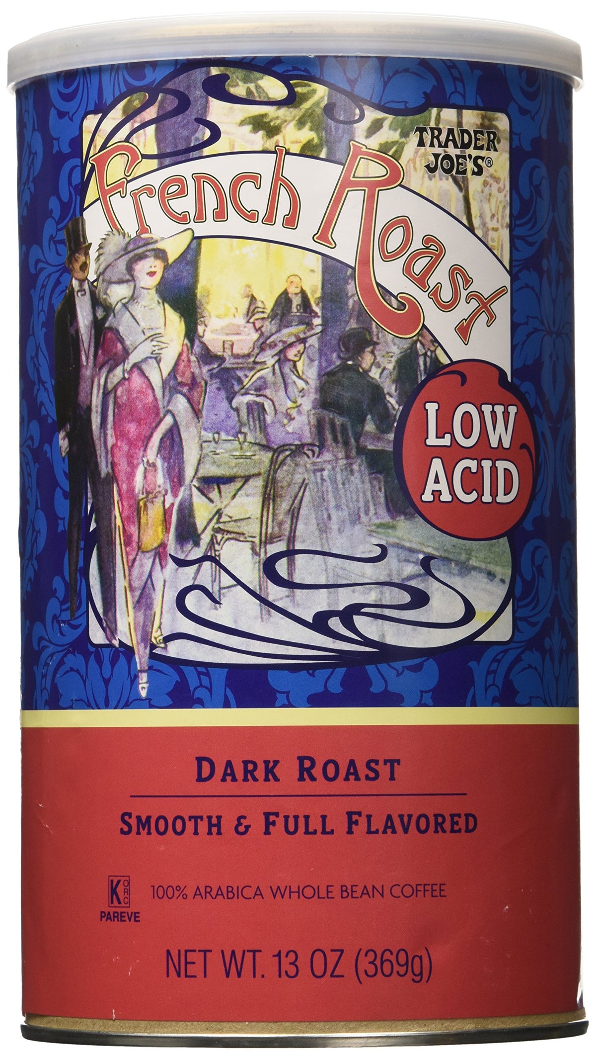 Trader Joe's Low Acid French Roast coffee beans with glossy dark finish and smooth flavor promise.