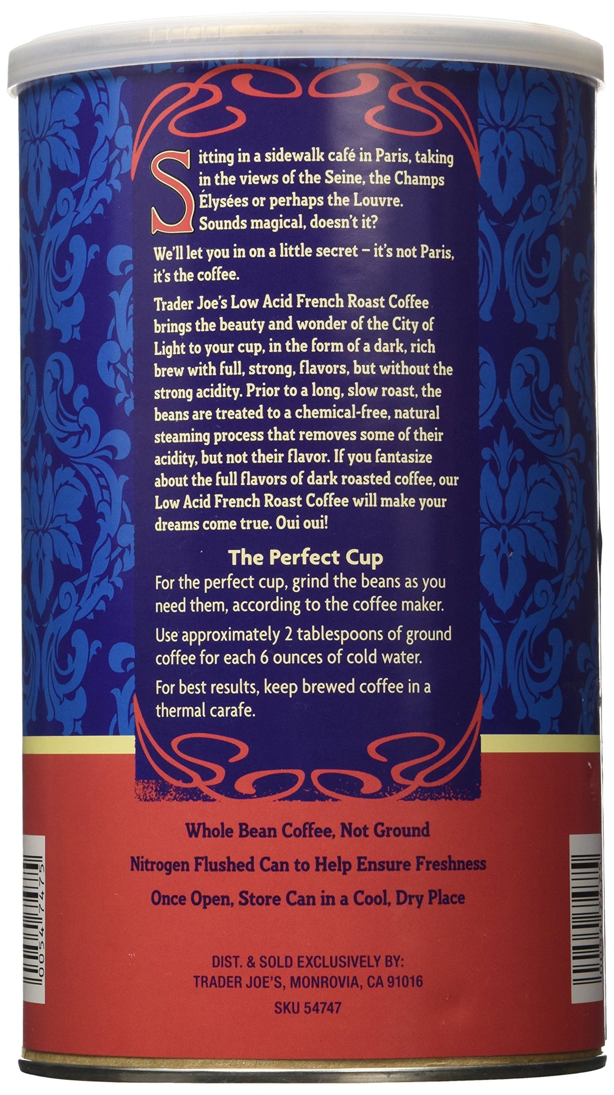 Trader Joe's Low Acid French Roast cup, steaming aroma and rich, full-bodied flavor.