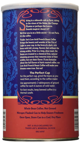 Trader Joe's Low Acid French Roast cup, steaming aroma and rich, full-bodied flavor.