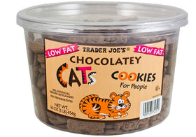 Trader Joe's Low Fat Chocolatey Cats Cookies tub front view, light and chocolatey snack.