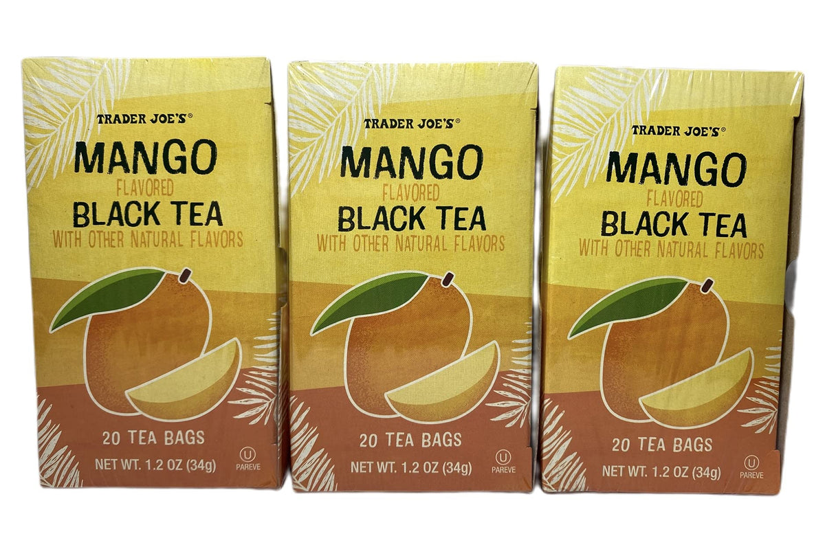 Trader Joe's Mango Black Tea pack on shelf, ideal for quick refreshment.