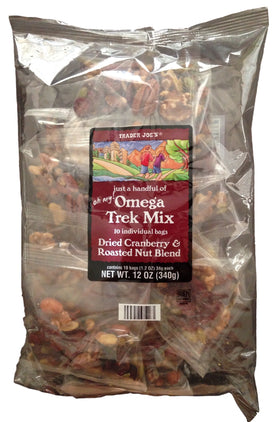 Trader Joe's Omega Trek Mix bag front, convenient on-the-go single-serve snack.