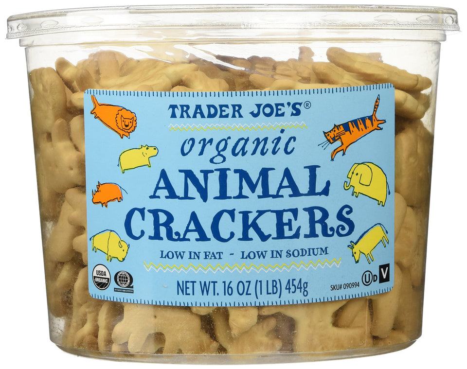 Trader Joe's Organic Animal Crackers box front, kid-friendly snack for lunchboxes.