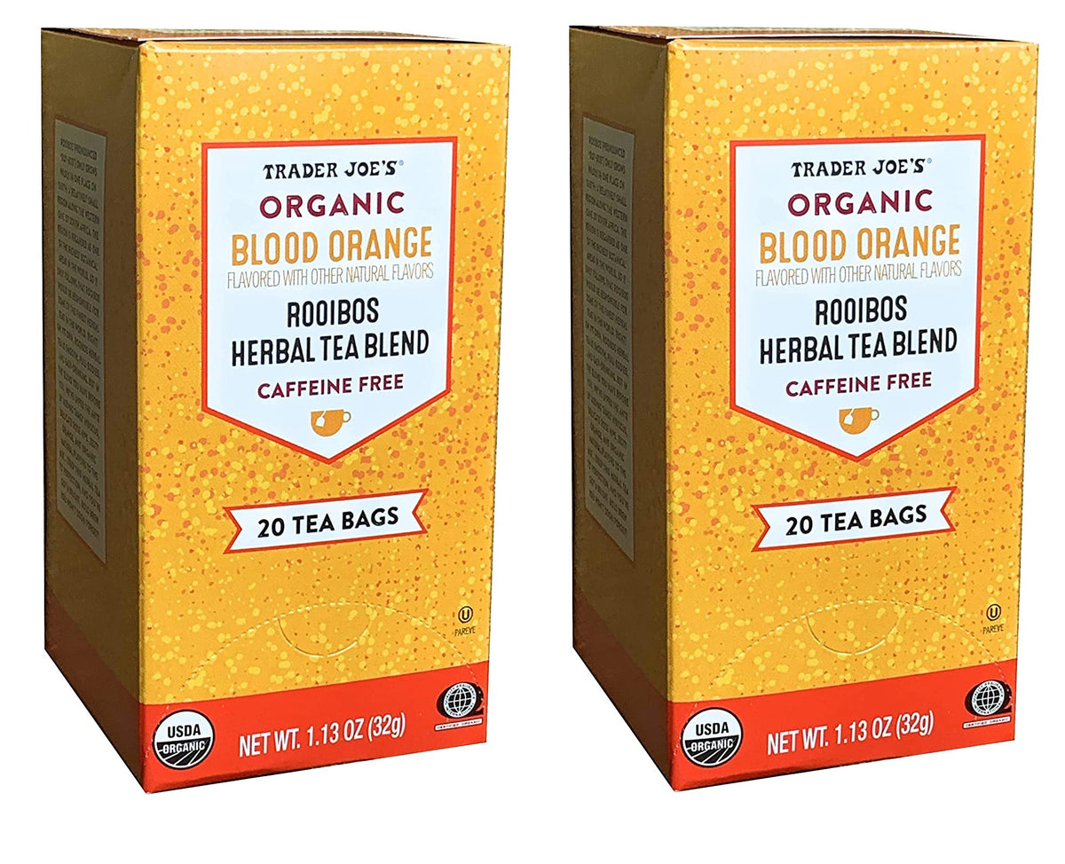 Trader Joe's Organic Blood Orange Rooibos Tea bags for caffeine-free, flavorful steeps.