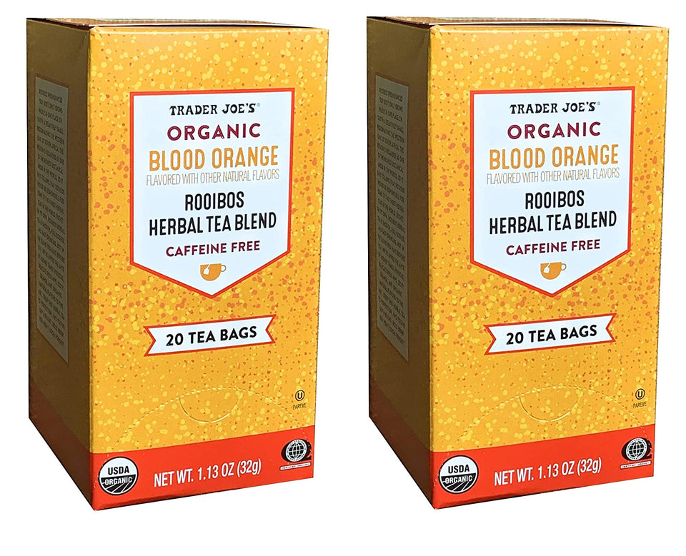 Trader Joe's Organic Blood Orange Rooibos Tea bags for caffeine-free, flavorful steeps.