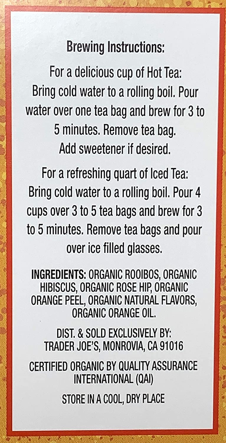 TJ's two-pack packaging shows convenient caffeine-free blood orange rooibos tea.