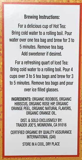 TJ's two-pack packaging shows convenient caffeine-free blood orange rooibos tea.