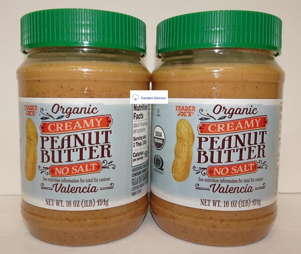 Trader Joe's Organic Creamy Peanut Butter Valencia No Salt bottle shows a smooth spread for quick spreads