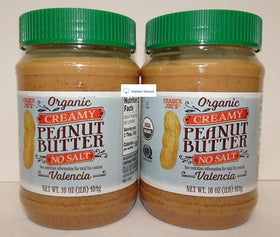 Trader Joe's Organic Creamy Peanut Butter Valencia No Salt bottle shows a smooth spread for quick spreads