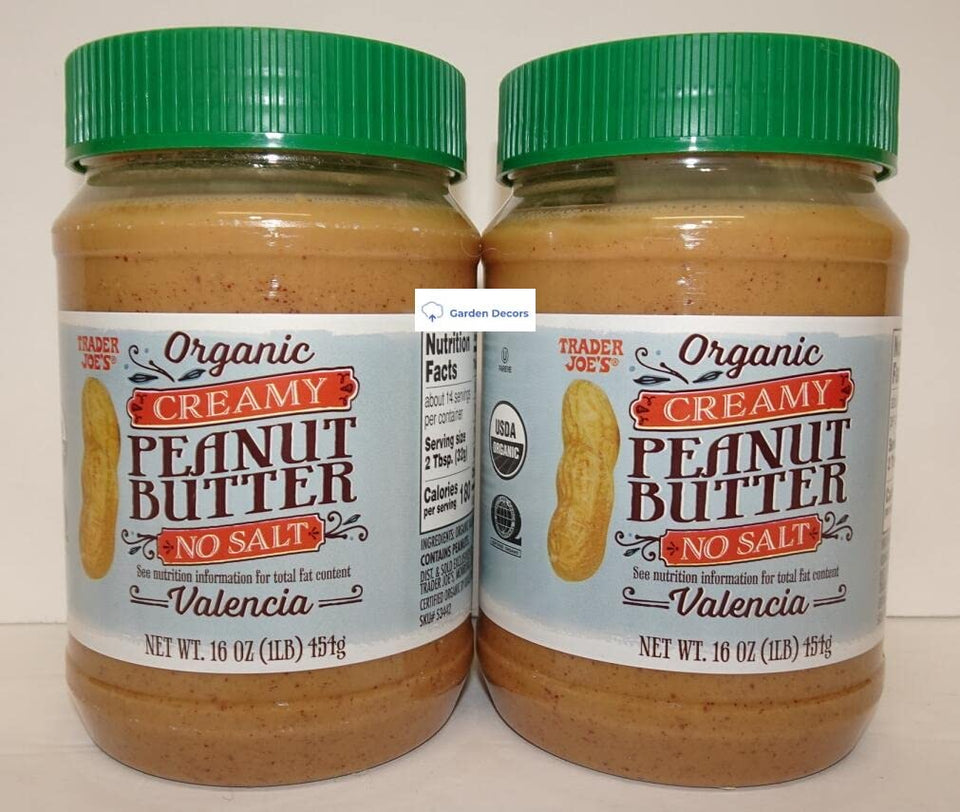 Trader Joe's Organic Creamy Peanut Butter Valencia No Salt bottle shows a smooth spread for quick spreads