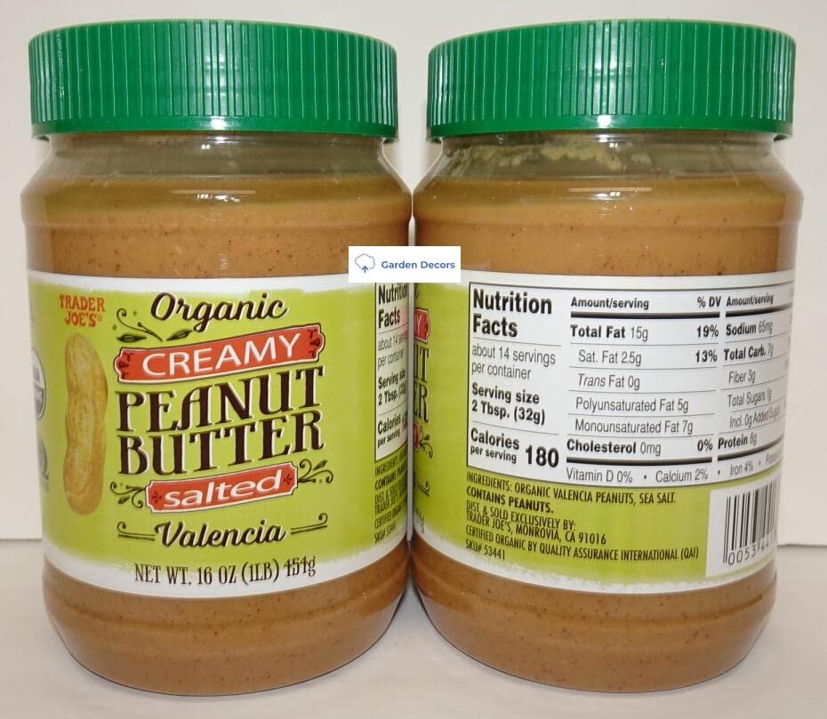 Trader Joe's Organic Creamy Peanut Butter Valencia Salted bottle 2 shown on kitchen counter ready to use