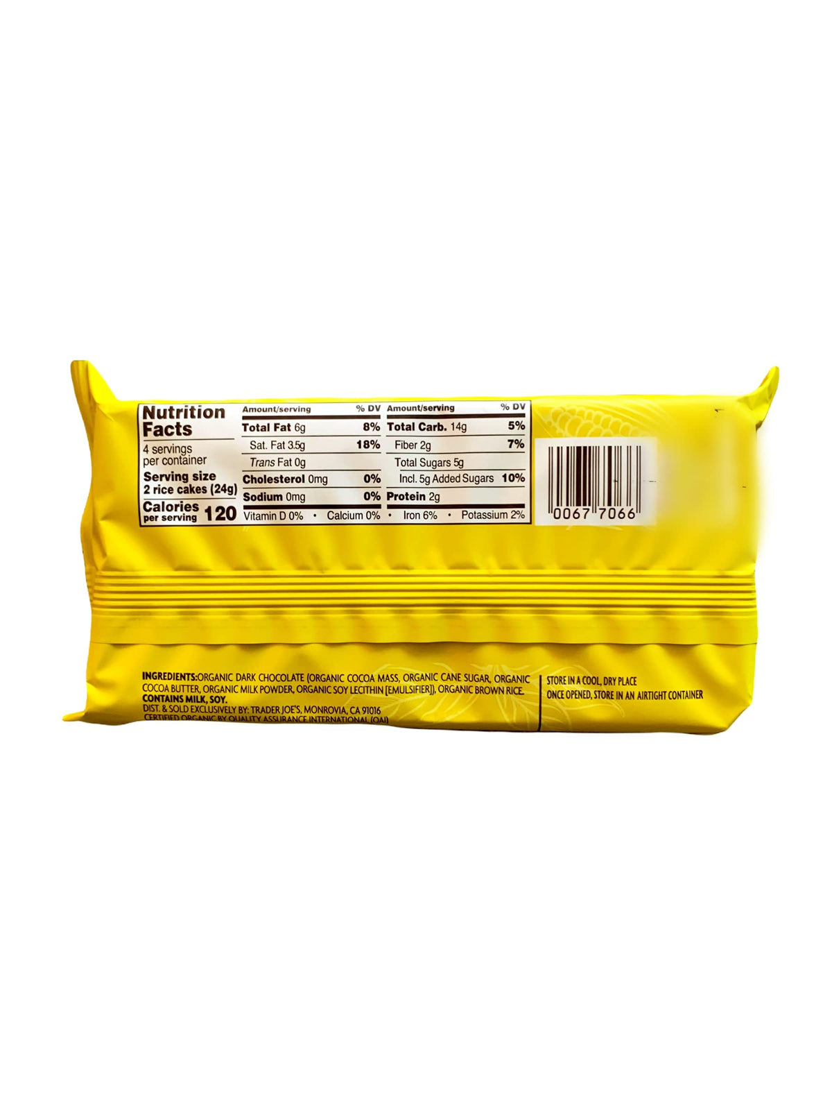 Trader Joe's Organic Dark Chocolate Puffed Rice Cake Thins 3-pack display; convenient snacking.