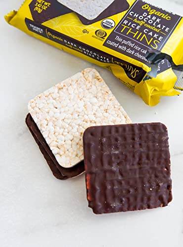 Trader Joe's Organic Dark Chocolate Puffed Rice Cake Thins close-up of chocolate coating; rich flavor and crisp crunch.