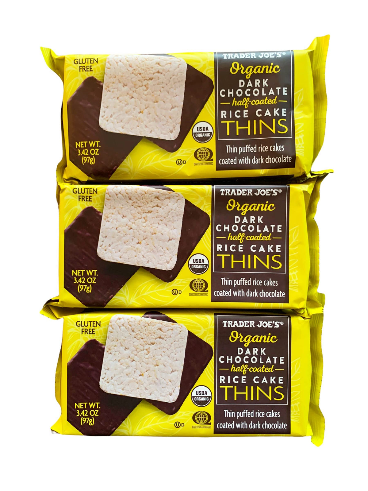 Trader Joe's Organic Dark Chocolate Puffed Rice Cake Thins front view; light gluten-free snack option.