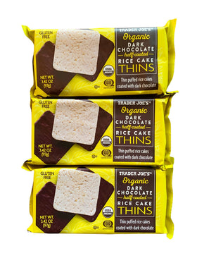 Trader Joe's Organic Dark Chocolate Puffed Rice Cake Thins front view; light gluten-free snack option.