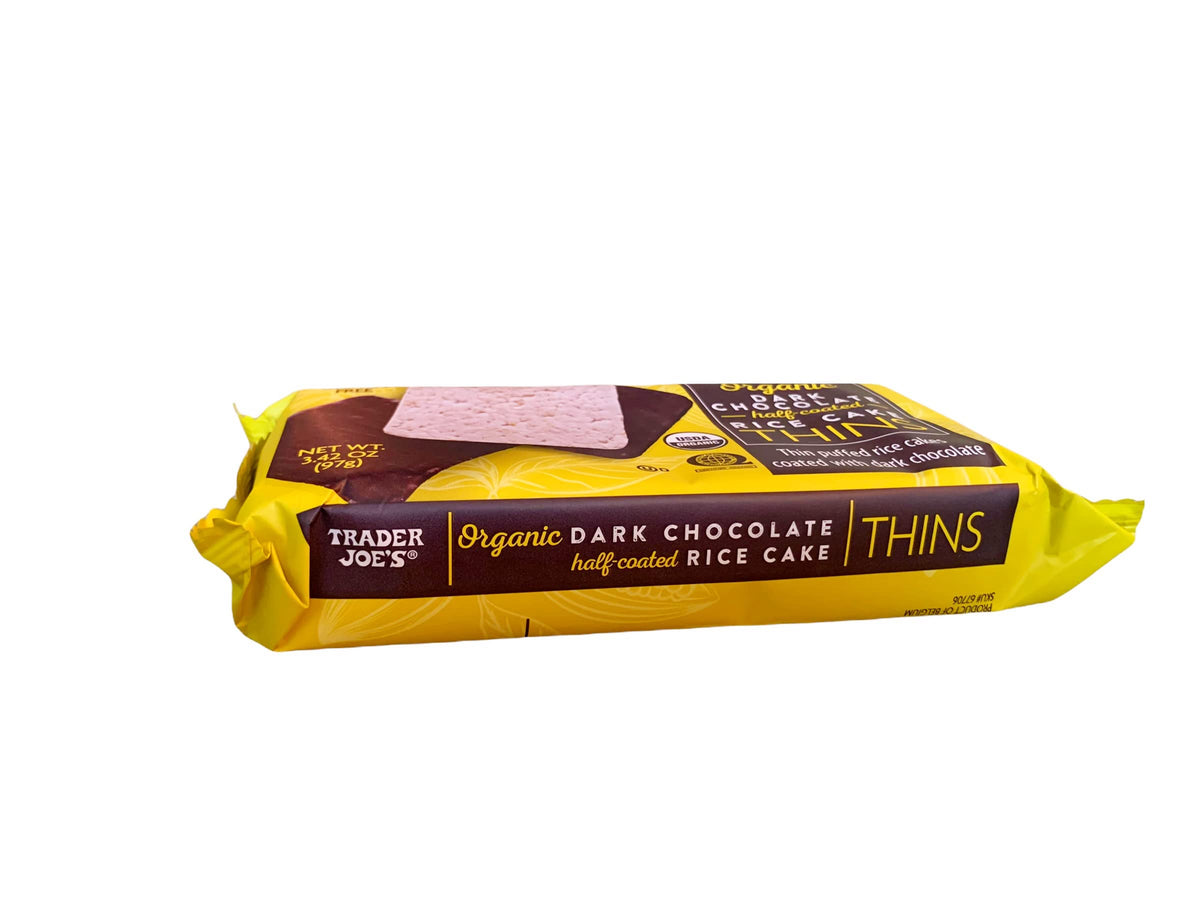 Stacked Trader Joe's Organic Dark Chocolate Puffed Rice Cake Thins highlight airy texture for quick bites.