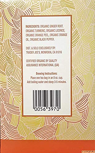 Trader Joe's Organic Ginger Turmeric Herbal Tea bags close-up reveals warm aroma