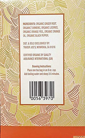 Trader Joe's Organic Ginger Turmeric Herbal Tea bags close-up reveals warm aroma