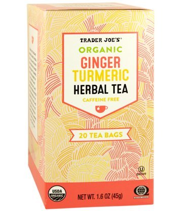 Trader Joe's Organic Ginger Turmeric Tea bags in a box, ideal for a warm evening.