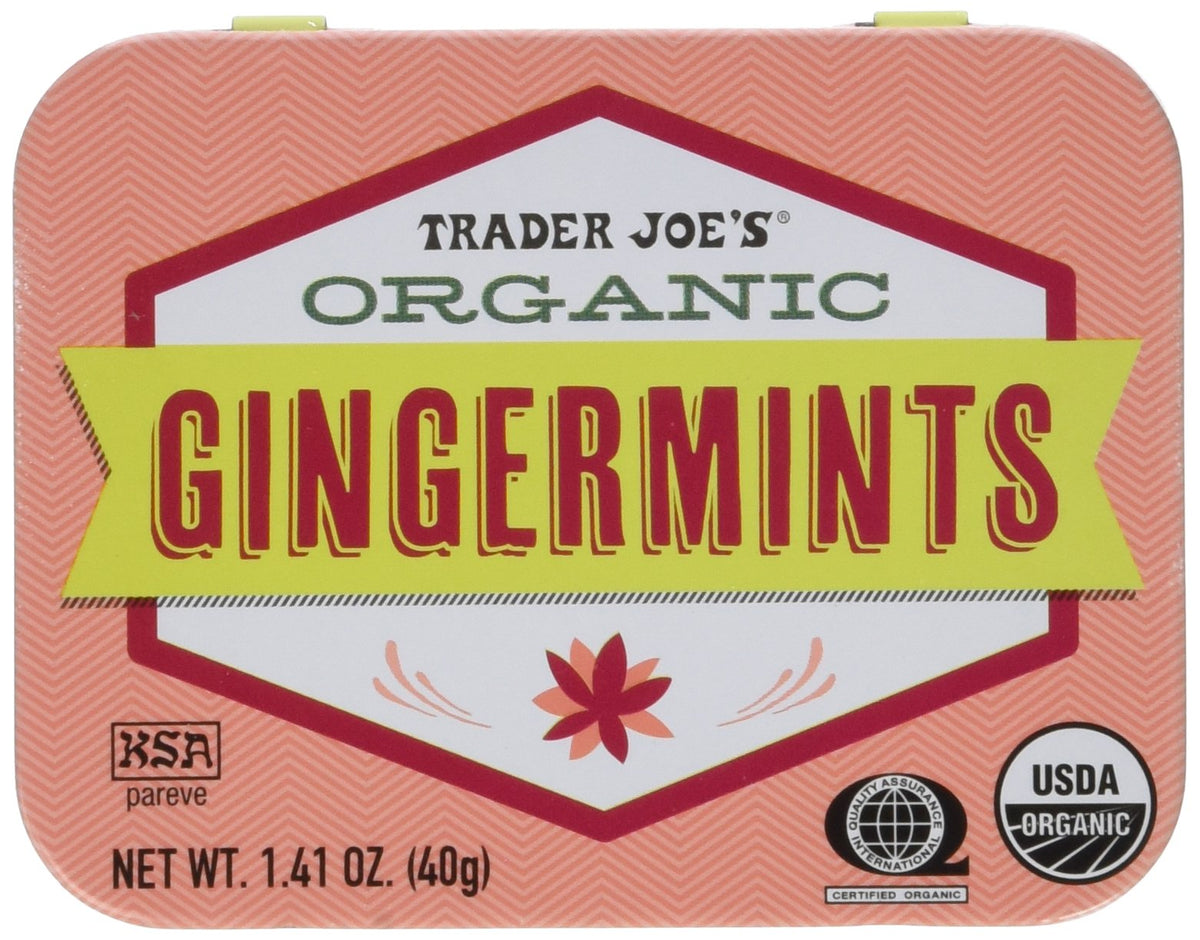 Trader Joe's Organic Gingermints tin with four-pack, gluten-free and vegan.