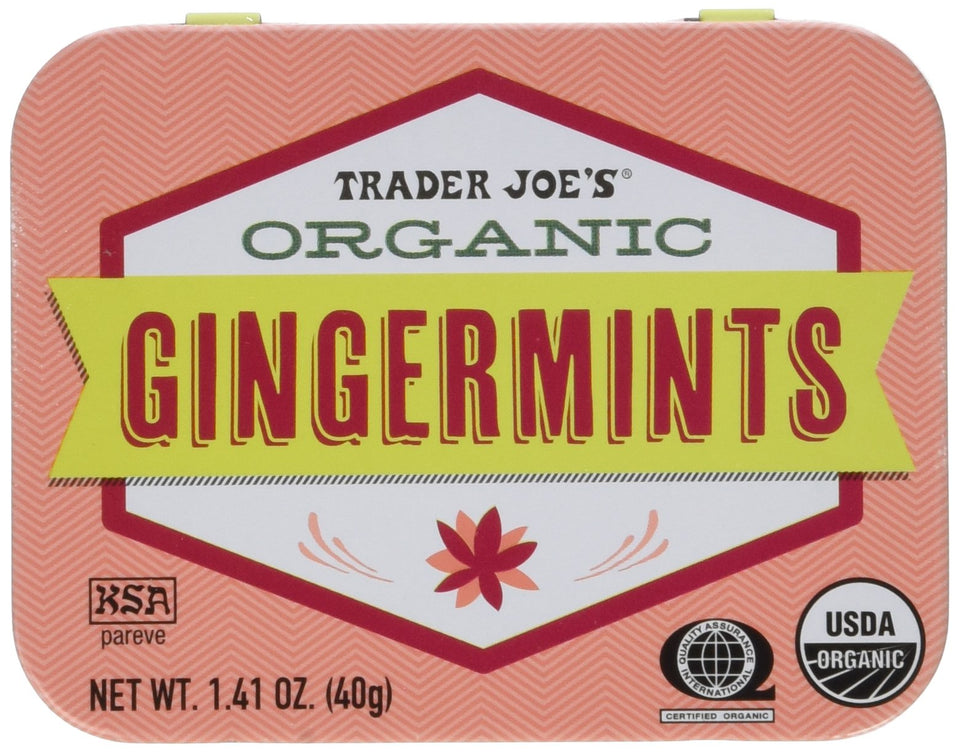 Trader Joe's Organic Gingermints tin with four-pack, gluten-free and vegan.
