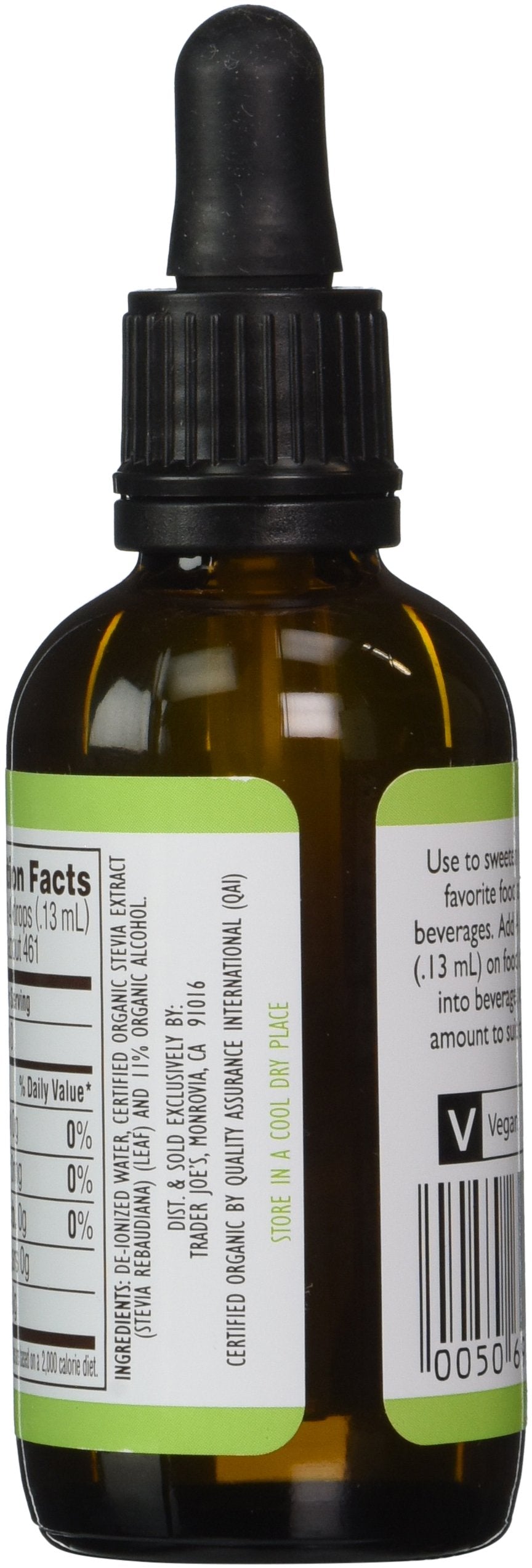 Trader Joe's Organic Liquid Stevia ingredients label shows organic sweetener.