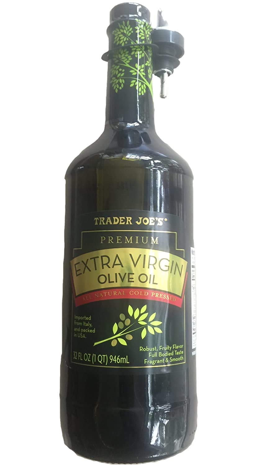 Trader Joe's Premium Olive Oil bottle pour highlights smooth, versatile use for cooking and finishing.