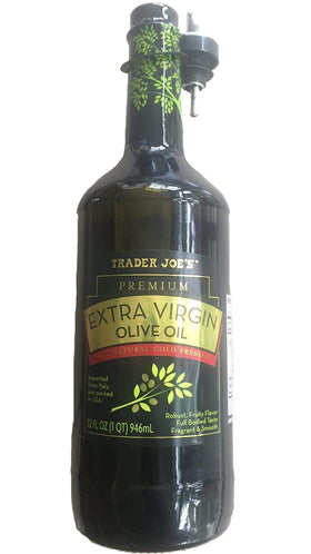 Trader Joe's Premium Olive Oil bottle pour highlights smooth, versatile use for cooking and finishing.