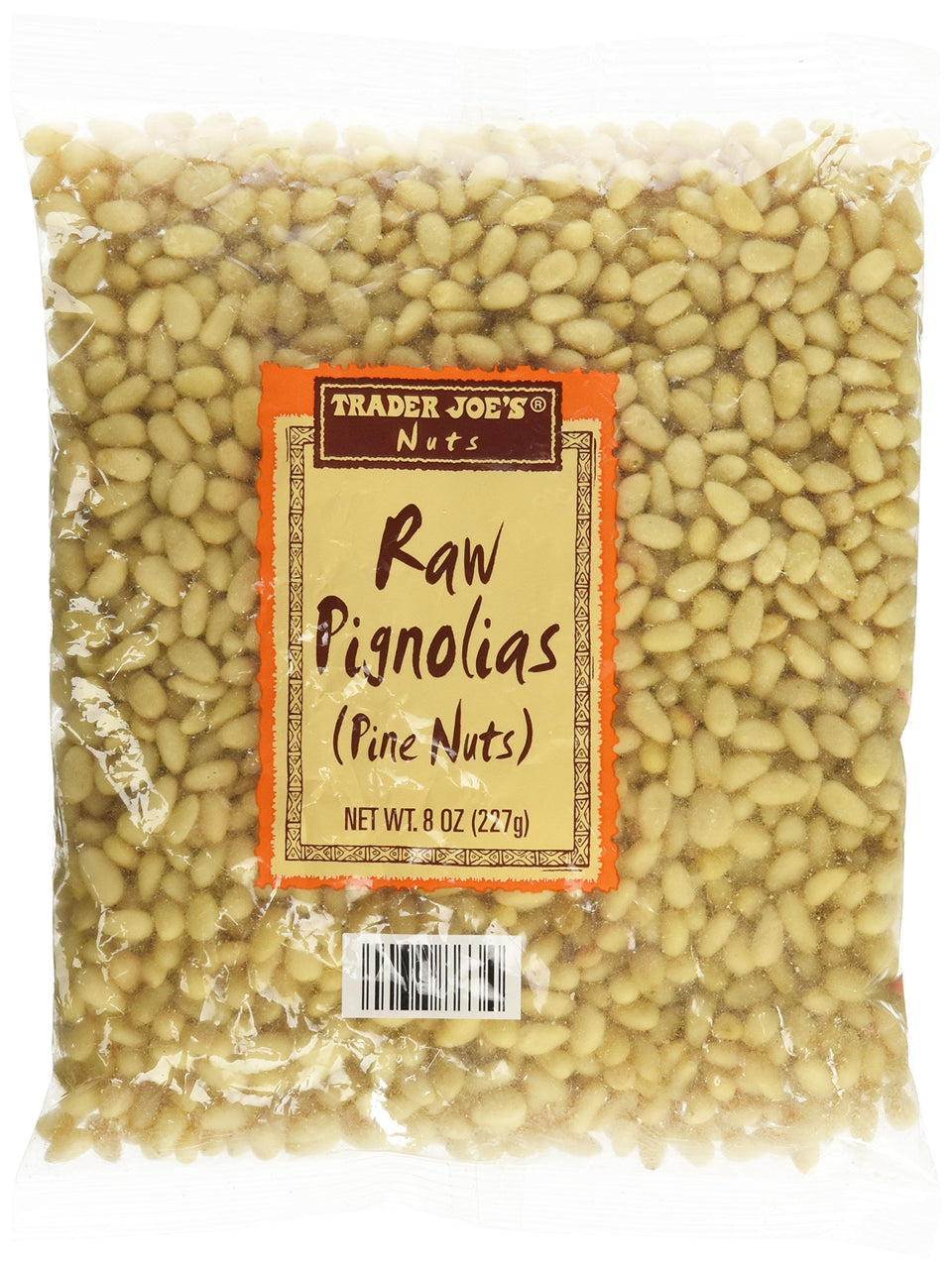 Trader Joe's Raw Pignolias pine nuts bag ideal for pesto and baking.