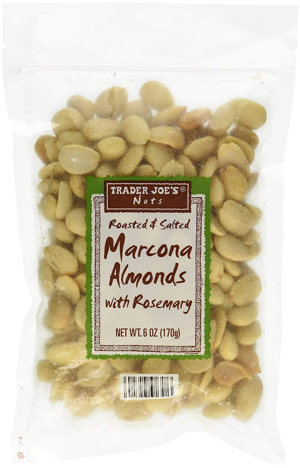 Trader Joe's roasted marcona almonds with rosemary in a bowl, savory snack with rosemary aroma.